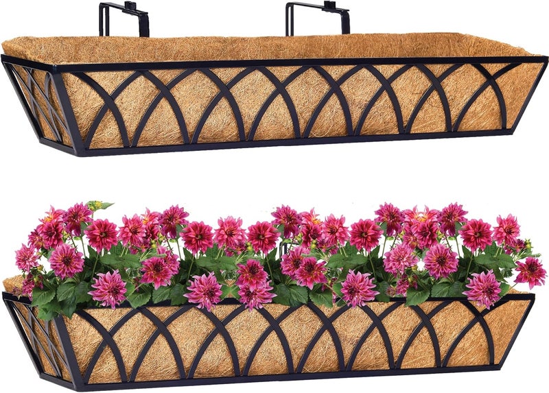 HFHOME 2 قطع 30" صندوق نافذة زراعة مع بطانات جوز الهند، سلال زهور معدنية سوداء معلقة للداخل والخارج، الشرفة، المدخل، السياج، الفناء، والعشب - Image 1
